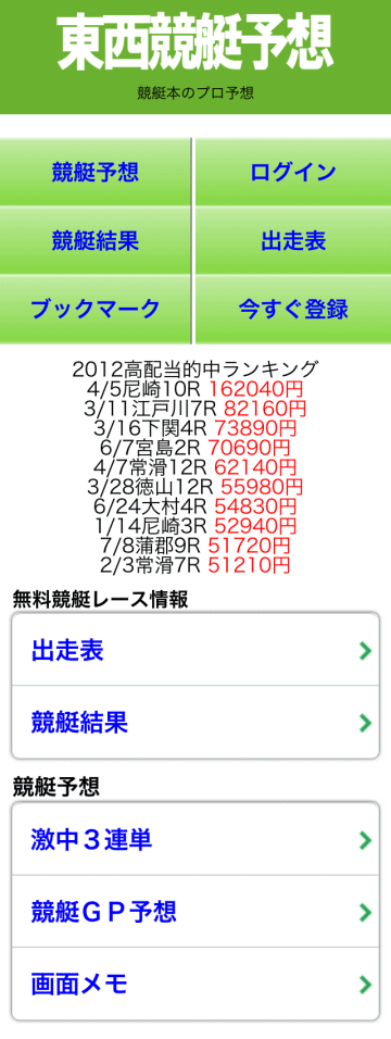 東西競艇予想スマートフォン版トップページ